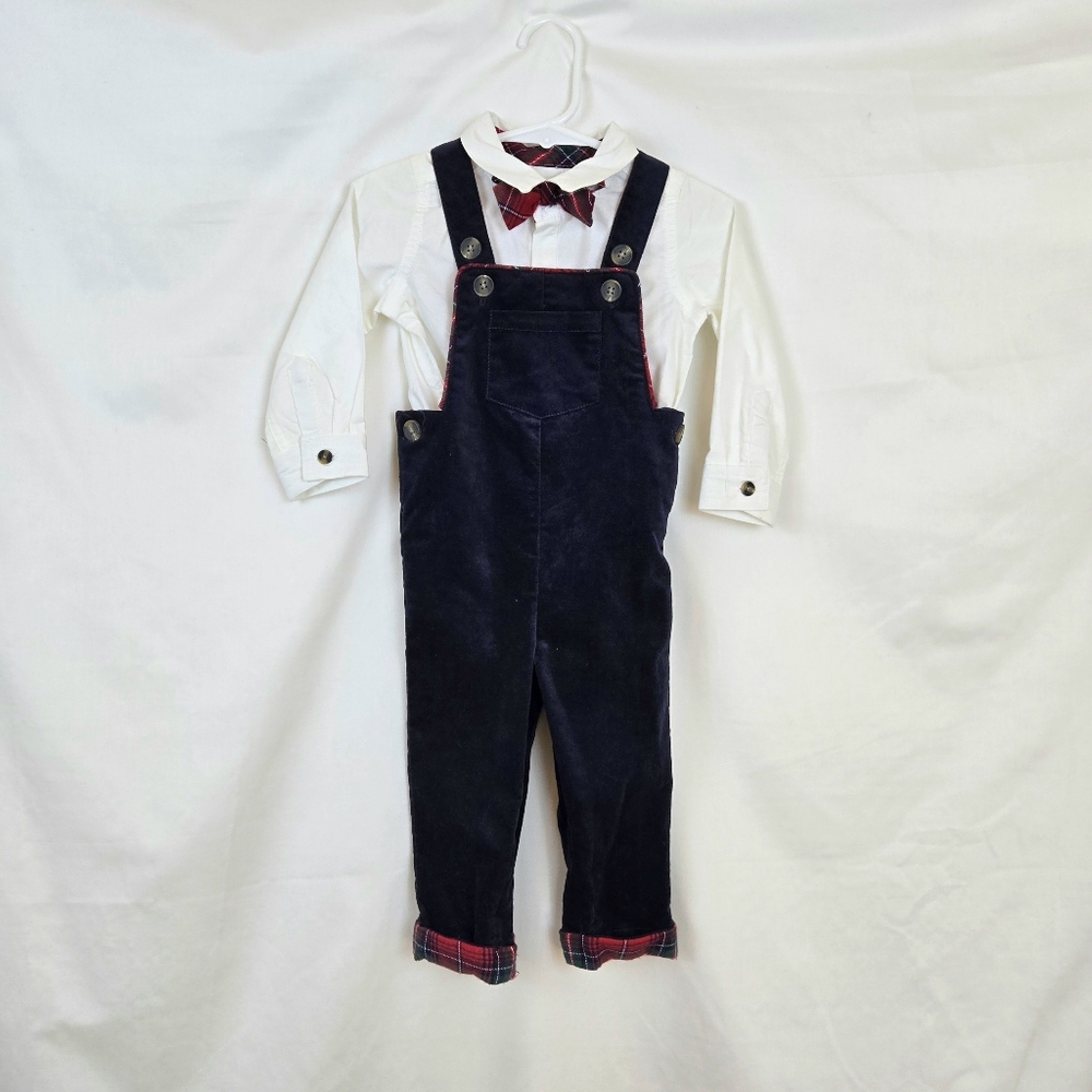 Max Studio Boys Navy Overalls White Shirt Red Plaid Bowtie Holiday Set 12Mo‎ NEW